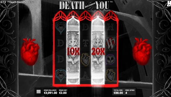 Screenshot of Death Becomes You slot demo showing reels and bonus game features