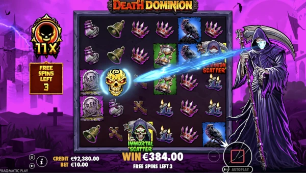 Screenshot of Death Dominion slot demo showing reels and bonus game features