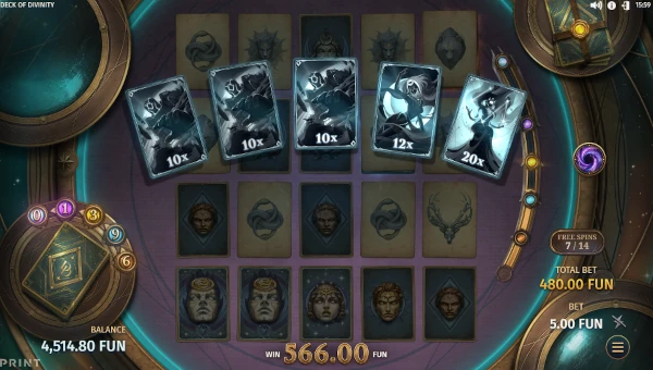 Screenshot of Deck of Divinity slot demo showing reels and bonus game features