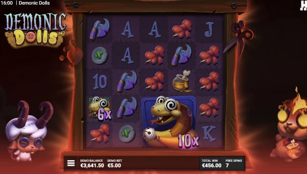 Screenshot of Demonic Dolls slot demo showing reels and bonus game features