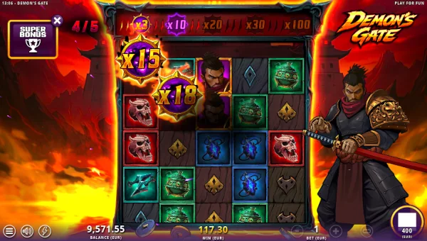 Screenshot of Demons Gate slot demo showing reels and bonus game features