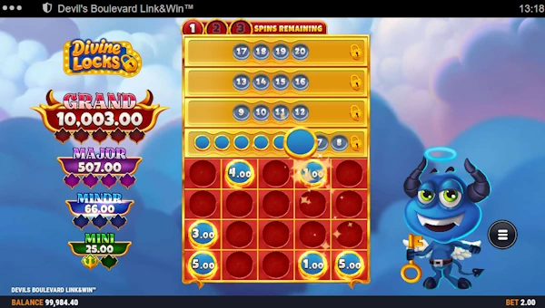 Screenshot of Devils Boulevard slot demo showing reels and bonus game features