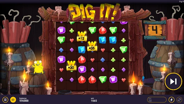 Screenshot of Dig It slot demo showing reels and bonus game features