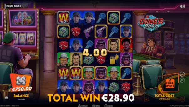 Screenshot of Diner Dogs slot demo showing reels and bonus game features