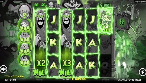 Ding Dong Death base game screenshot showing reels and features