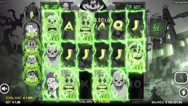 Screenshot of Ding Dong Death slot demo showing reels and bonus game features