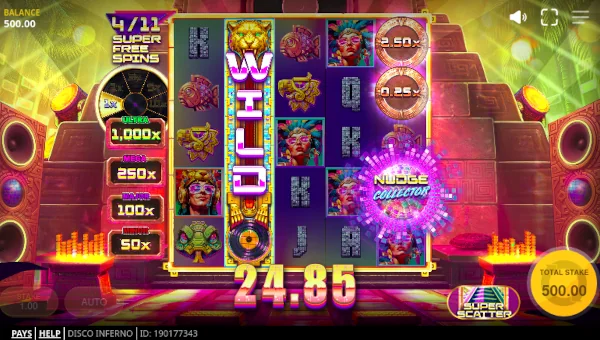 Screenshot of Disco Inferno slot demo showing reels and bonus game features