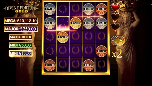 Screenshot of Divine Fortune Gold slot demo showing reels and bonus game features