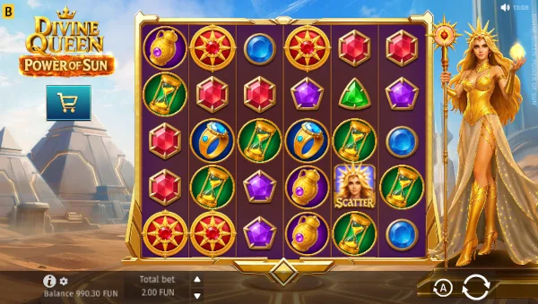 Divine Queen: Power of Sun base game screenshot showing reels and features