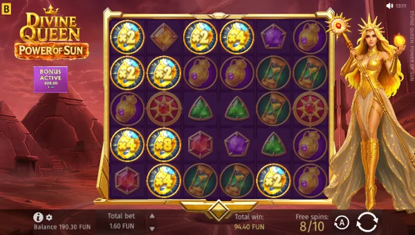 Screenshot of Divine Queen: Power of Sun slot demo showing reels and bonus game features