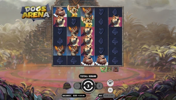 Screenshot of Dogs Arena slot demo showing reels and bonus game features