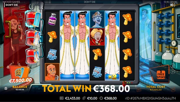 Screenshot of Dont Die slot demo showing reels and bonus game features