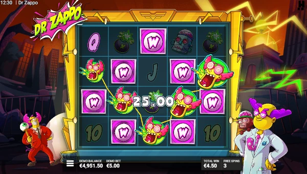 Screenshot of Dr Zappo slot demo showing reels and bonus game features