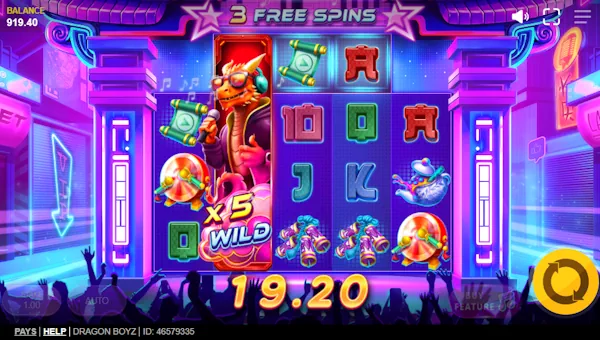 Screenshot of Dragon Boyz slot demo showing reels and bonus game features
