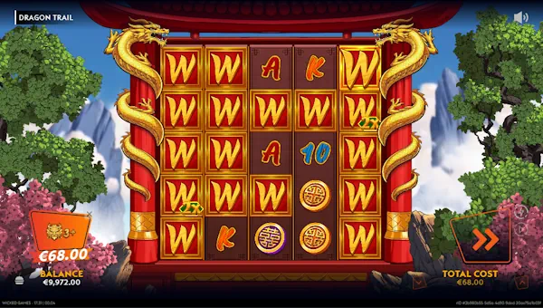 Screenshot of Dragon Trail slot demo showing reels and bonus game features
