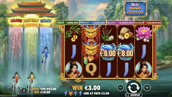 Dragons Gate Bonus Choice base game screenshot showing reels and features