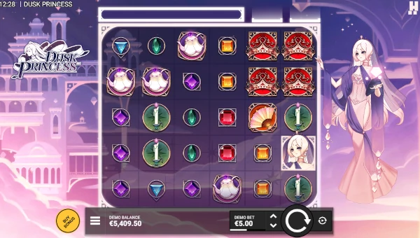 Dusk Princess base game screenshot showing reels and features