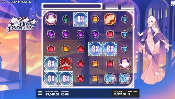 Screenshot of Dusk Princess slot demo showing reels and bonus game features