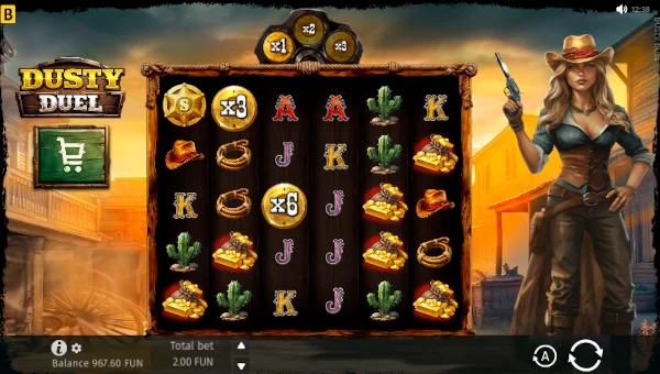 Dusty Duel base game screenshot showing reels and features