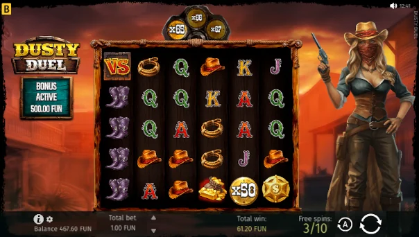 Screenshot of Dusty Duel slot demo showing reels and bonus game features