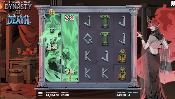 Screenshot of Dynasty of Death slot demo showing reels and bonus game features
