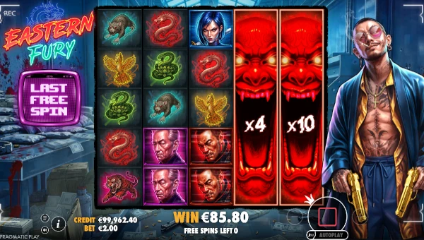Screenshot of Eastern Fury slot demo showing reels and bonus game features