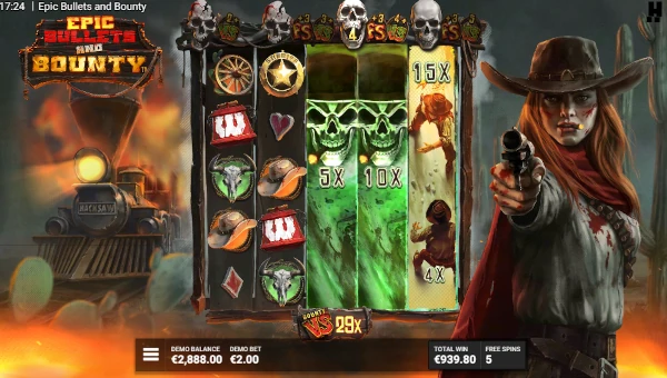 Screenshot of Epic Bullets and Bounty slot demo showing reels and bonus game features