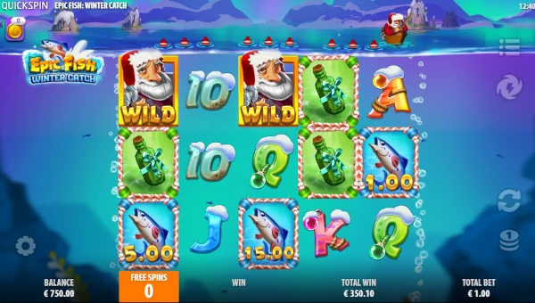 Screenshot of Epic Fish Winter Catch slot demo showing reels and bonus game features