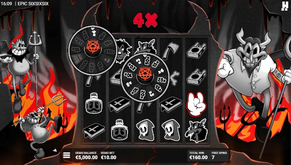 Screenshot of Epic SixSixSix slot demo showing reels and bonus game features