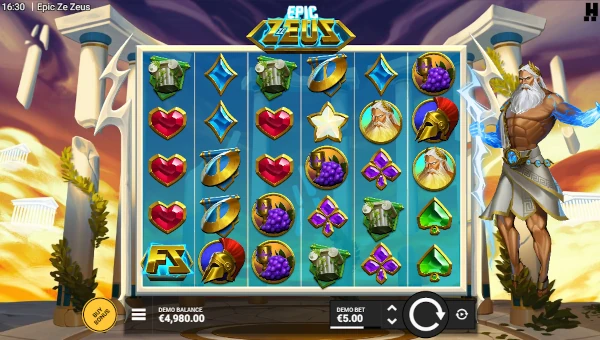 Epic Ze Zeus base game screenshot showing reels and features
