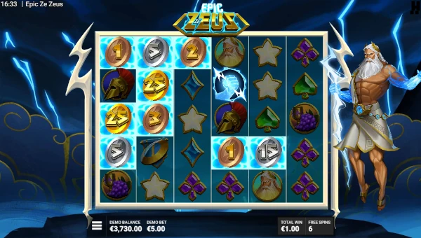 Screenshot of Epic Ze Zeus slot demo showing reels and bonus game features