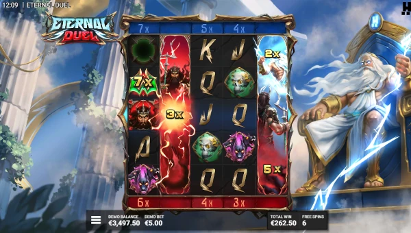 Screenshot of Eternal Duel slot demo showing reels and bonus game features