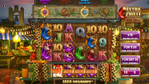 Screenshot of Extra Chilli More Chilli slot demo showing reels and bonus game features