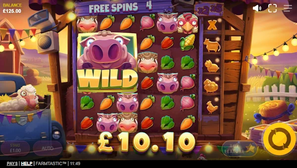 Screenshot of Farmtastic slot demo showing reels and bonus game features