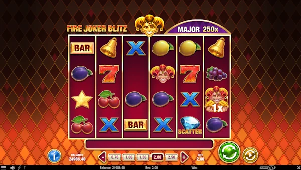 Fire Joker Blitz base game screenshot showing reels and features
