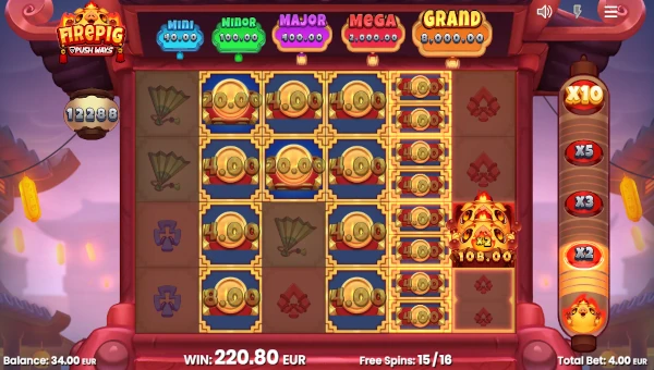 Screenshot of Fire Pig Push Ways slot demo showing reels and bonus game features