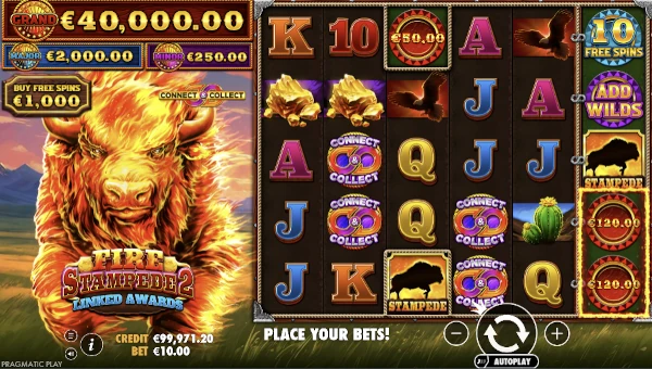 Fire Stampede 2 base game screenshot showing reels and features