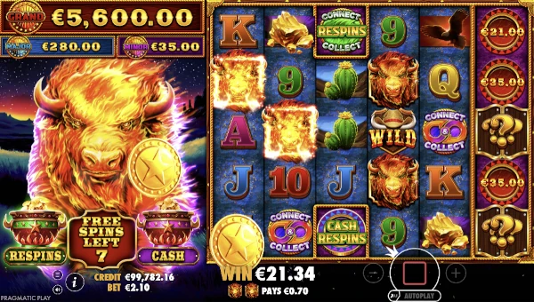 Screenshot of Fire Stampede Ultimate slot demo showing reels and bonus game features