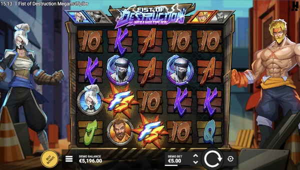 Fist of Destruction Mega Multiplier base game screenshot showing reels and features