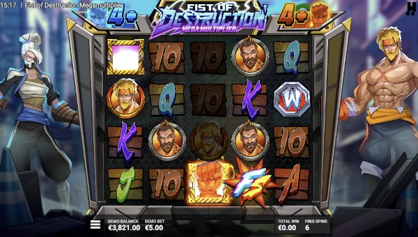 Screenshot of Fist of Destruction Mega Multiplier slot demo showing reels and bonus game features