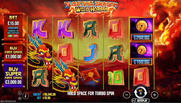Floating Dragon Wild Horses base game screenshot showing reels and features