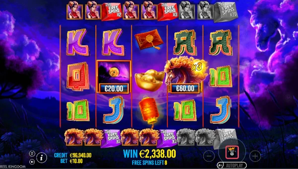 Screenshot of Floating Dragon Wild Horses slot demo showing reels and bonus game features