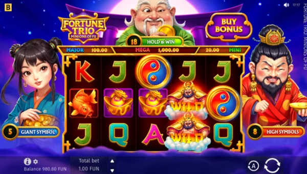 Fortune Trio Minions Of Fu base game screenshot showing reels and features