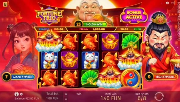 Screenshot of Fortune Trio Minions Of Fu slot demo showing reels and bonus game features