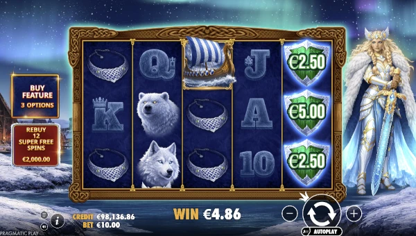 Freya 1000 base game screenshot showing reels and features