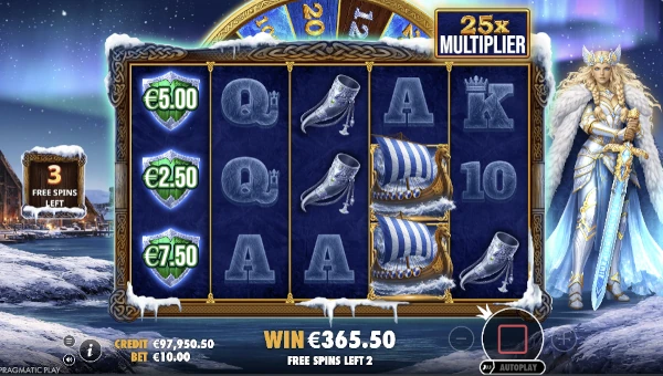 Screenshot of Freya 1000 slot demo showing reels and bonus game features