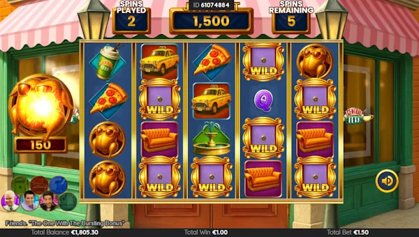 Screenshot of Friends The One With The Bursting Bonus slot demo showing reels and bonus game features