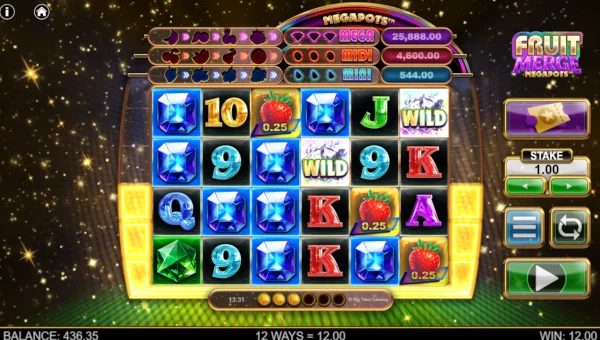 Fruit Merge Megapots base game screenshot showing reels and features