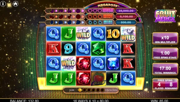 Screenshot of Fruit Merge Megapots slot demo showing reels and bonus game features