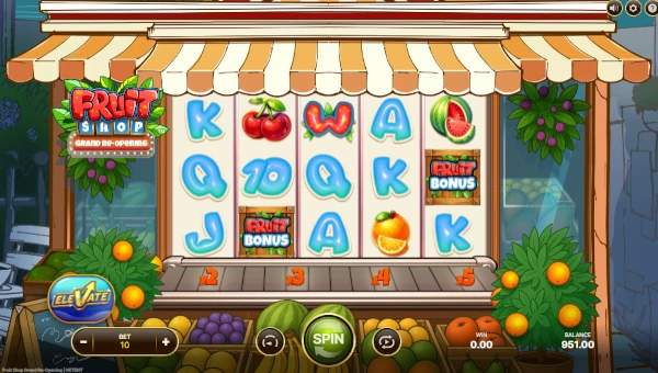 Fruit Shop Grand Re Opening base game screenshot showing reels and features